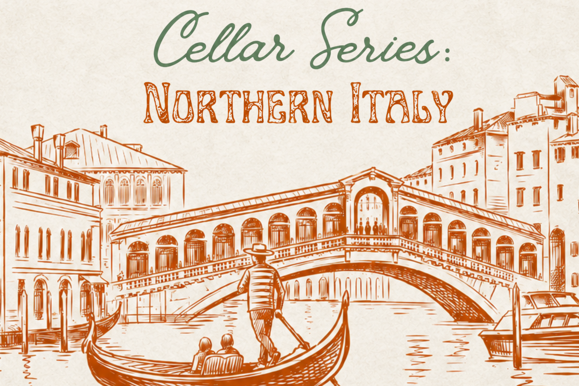 Barrel Oak Cellar Series: Northern Italy illustration featuring a Venetian canal and bridge